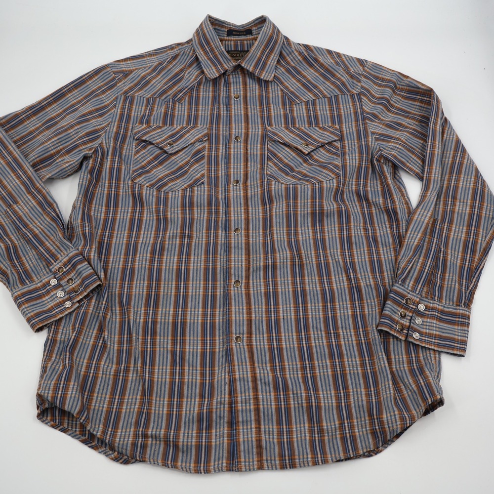 Pendleton Frontier Western Shirt‎ Mens M Blue Brown Plaid Pearl Snap Long Sleeve